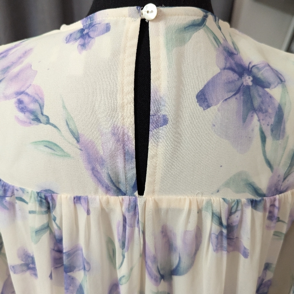 Polagram Women’s Chiffon Floral Watercolor Midi Belted Dress Smocked Bodice S - Picture 9 of 12